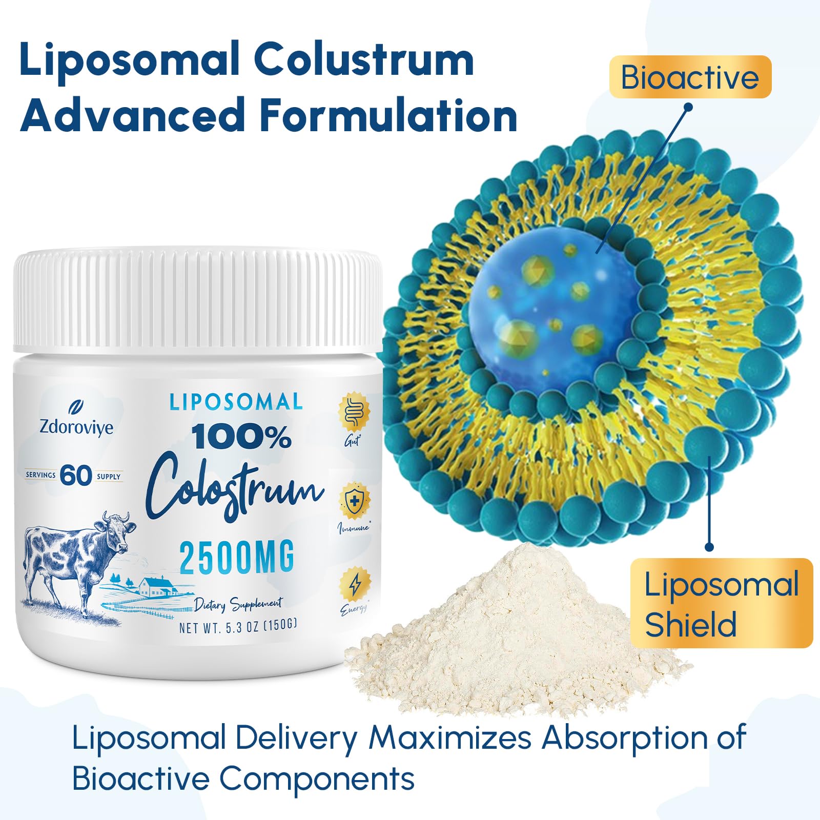 Zdoroviye liposomal bovine colostrum powder scoop ready for daily mixing