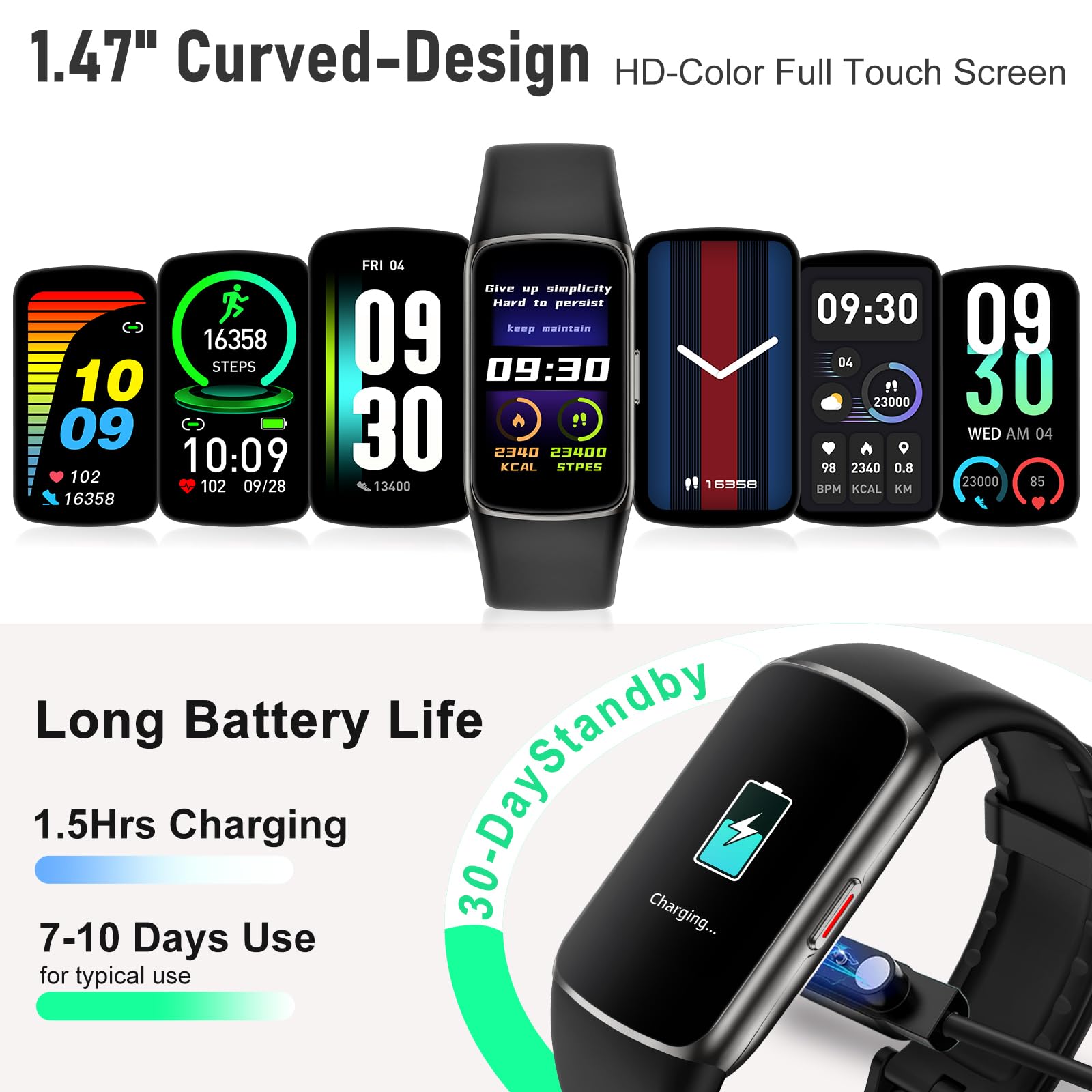 Long battery life on Zeacool fitness tracker with magnetic charging.