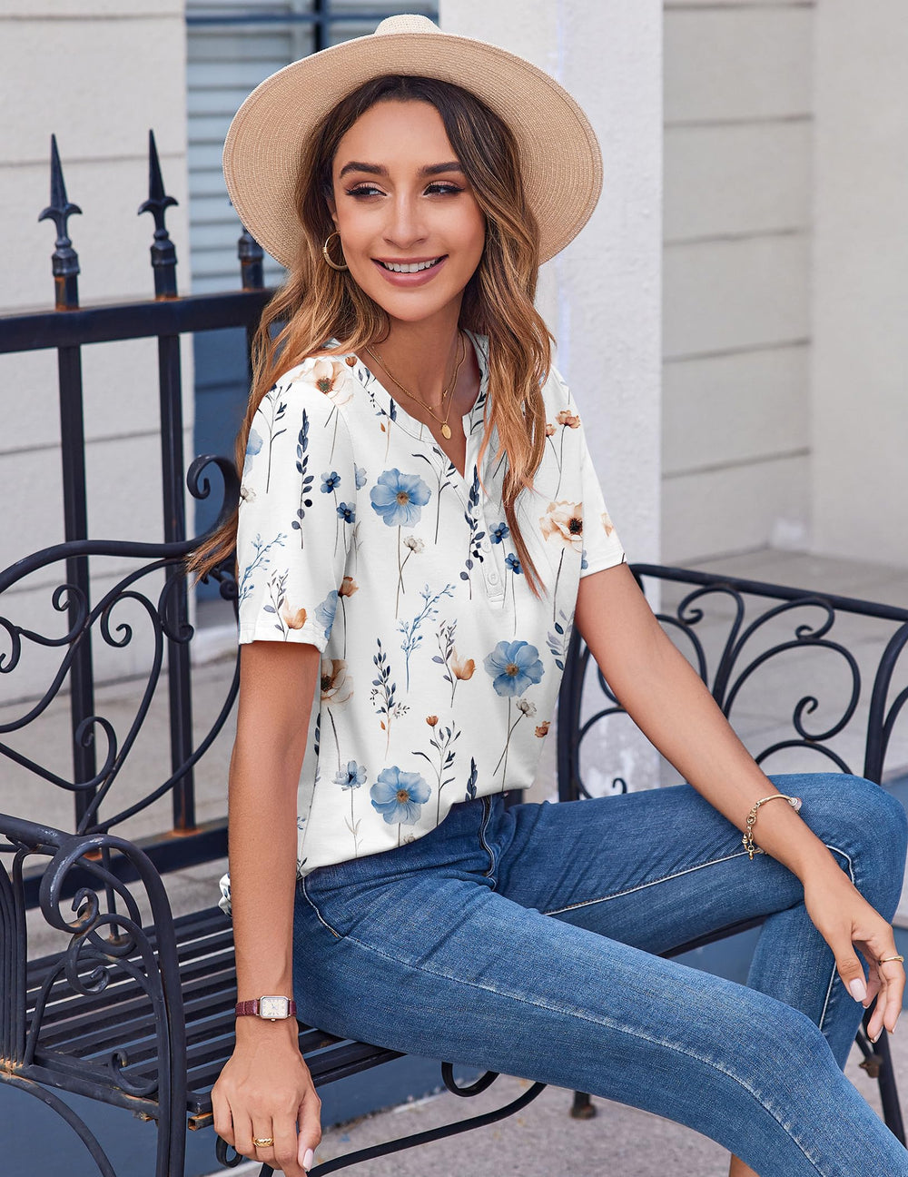 Zeagoo floral blouse with blazer, office-ready layering option.