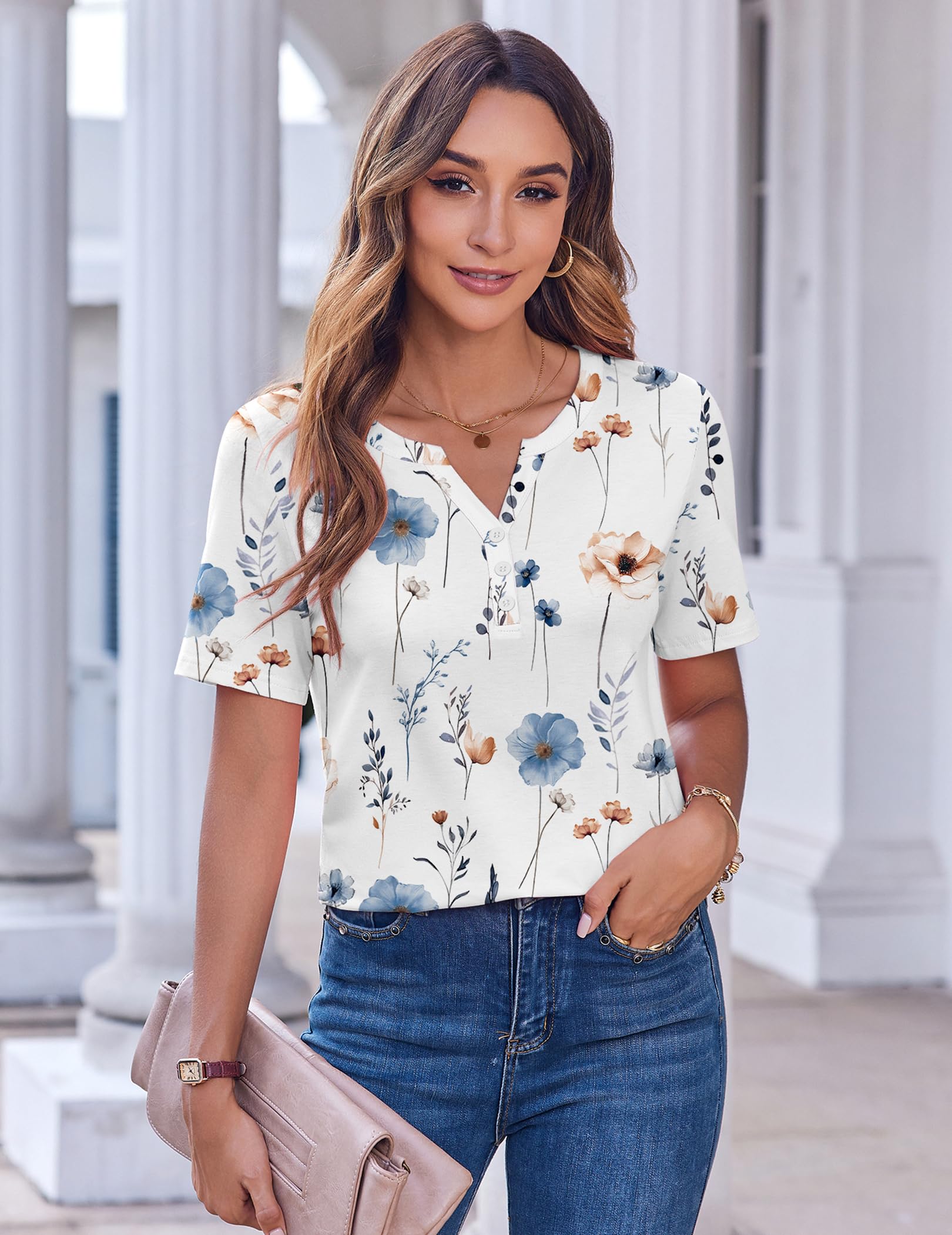 Zeagoo women's floral blouse side view, versatile fit for work.