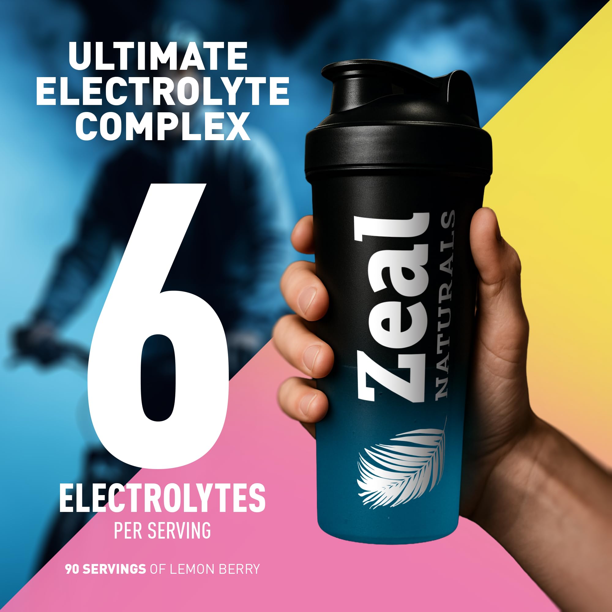 Close-up of Zeal Electrolyte Powder label and vitamins