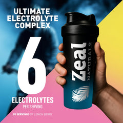 Close-up of Zeal Electrolyte Powder label and vitamins