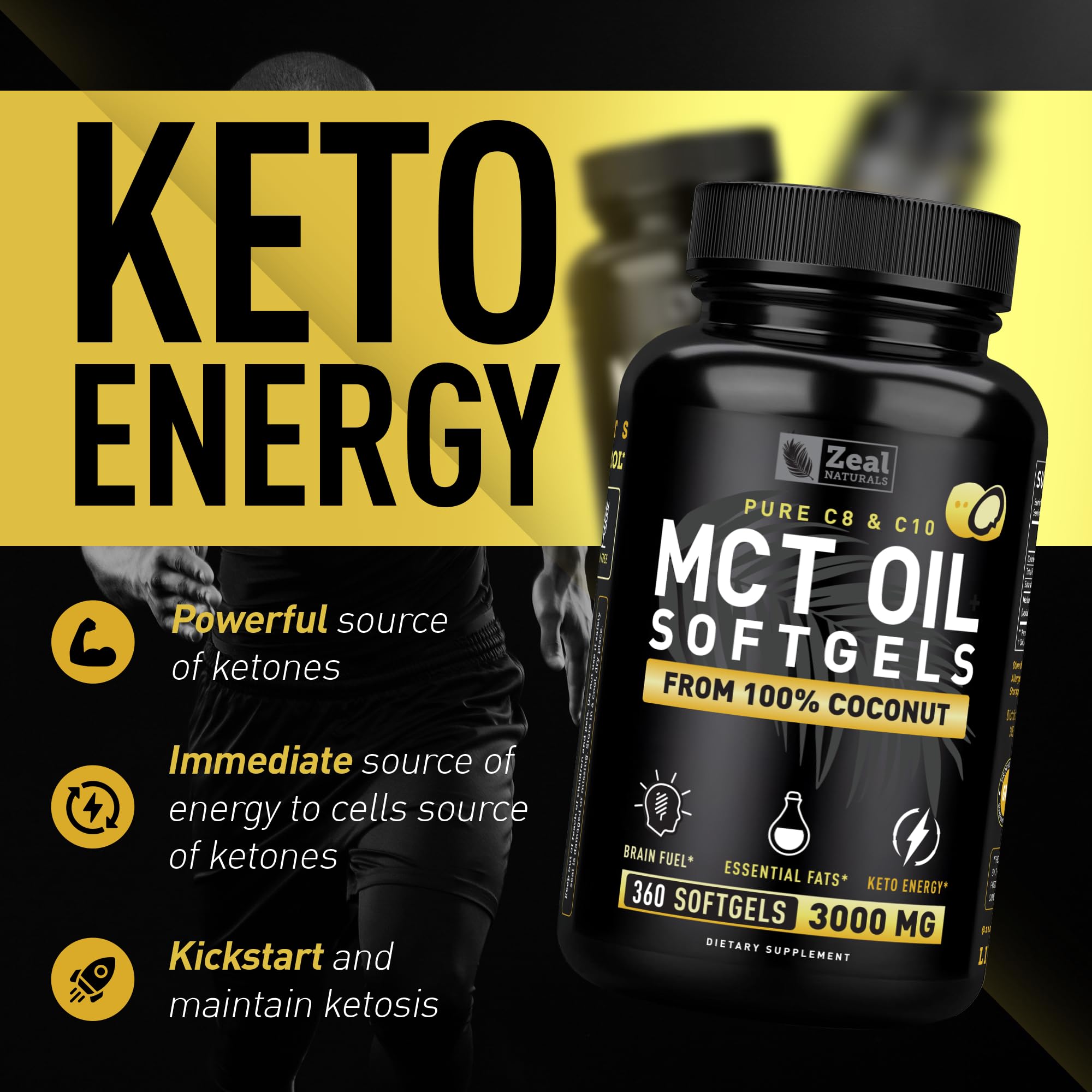 Zeal Naturals bottle label detail highlighting coconut-derived MCT source.