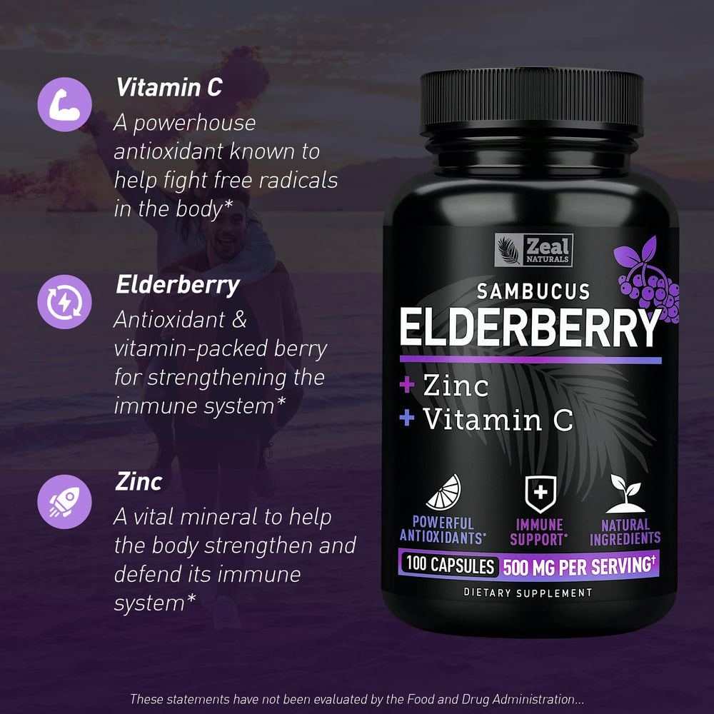 Zeal Naturals bottle label showing 500 mg elderberry and vitamin C.