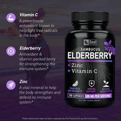 Zeal Naturals bottle label showing 500 mg elderberry and vitamin C.