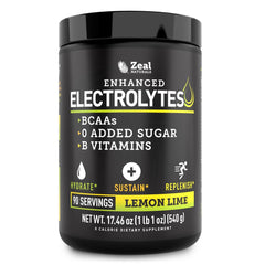 Zeal Electrolyte Powder Lemon Lime bottle promotes steady hydration for workouts