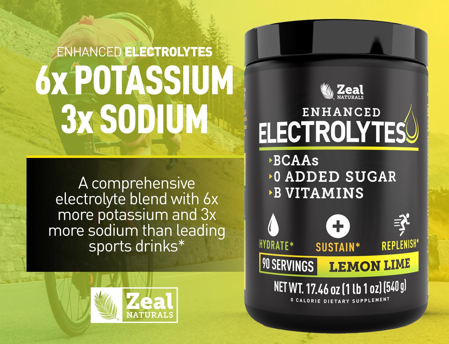 Zeal Electrolyte Powder packaging front communicates zero sugar and B vitamins
