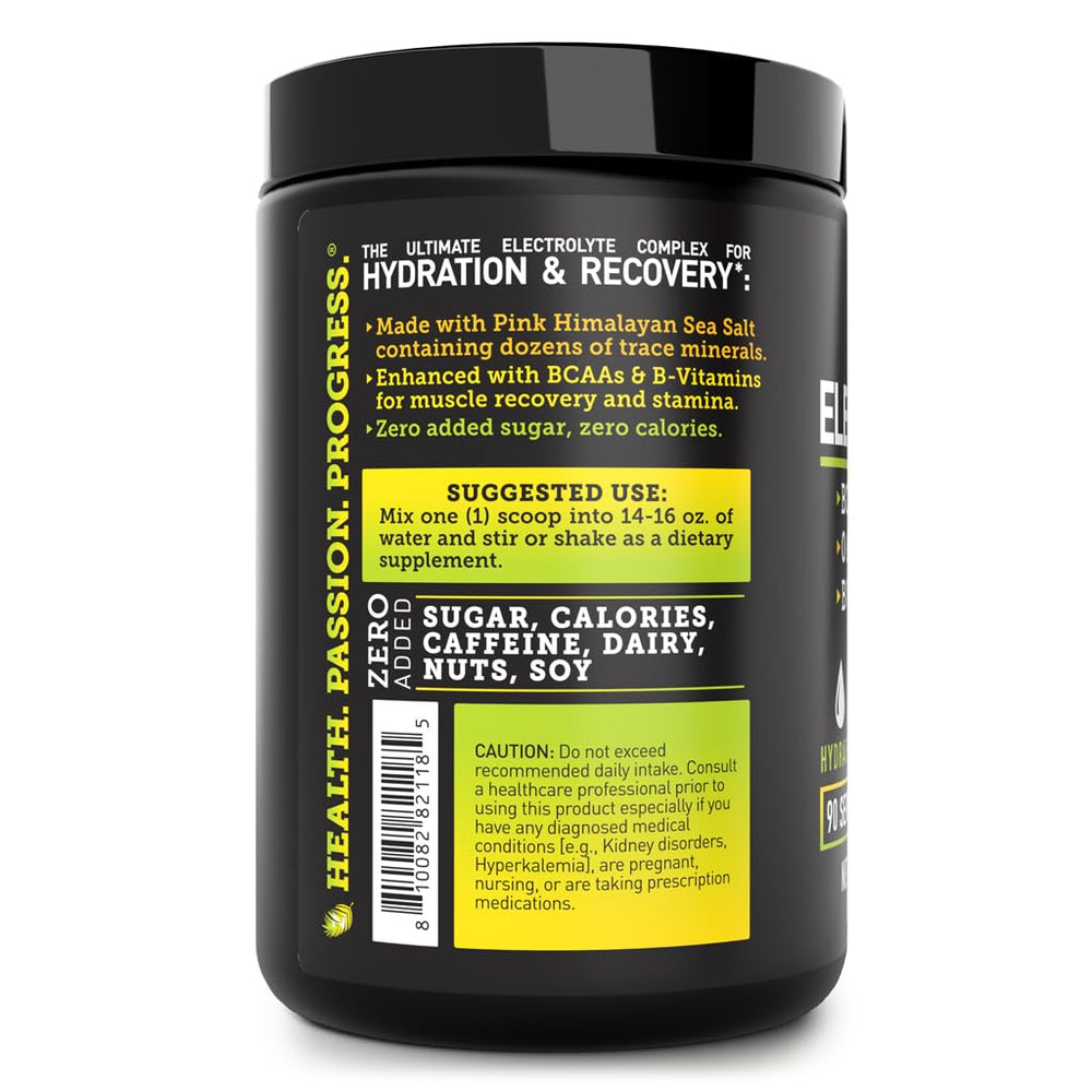 Zeal Electrolyte Powder tub label highlights BCAAs and vitamins for recovery