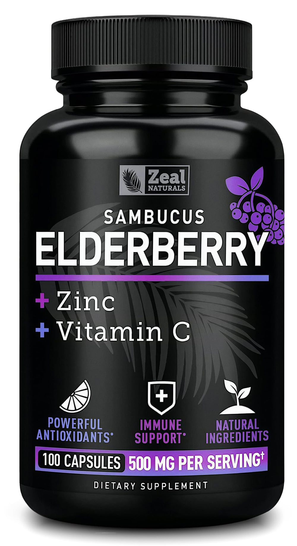 Zeal Naturals max-strength elderberry bottle shown for immune support on the go.