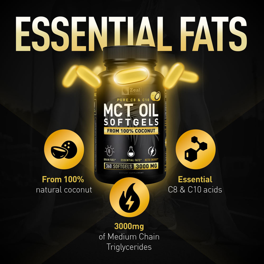Zeal Naturals MCT softgels beside coffee suggesting on-the-go keto energy.