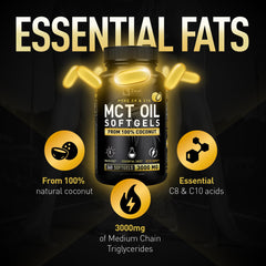 Zeal Naturals MCT softgels beside coffee suggesting on-the-go keto energy.