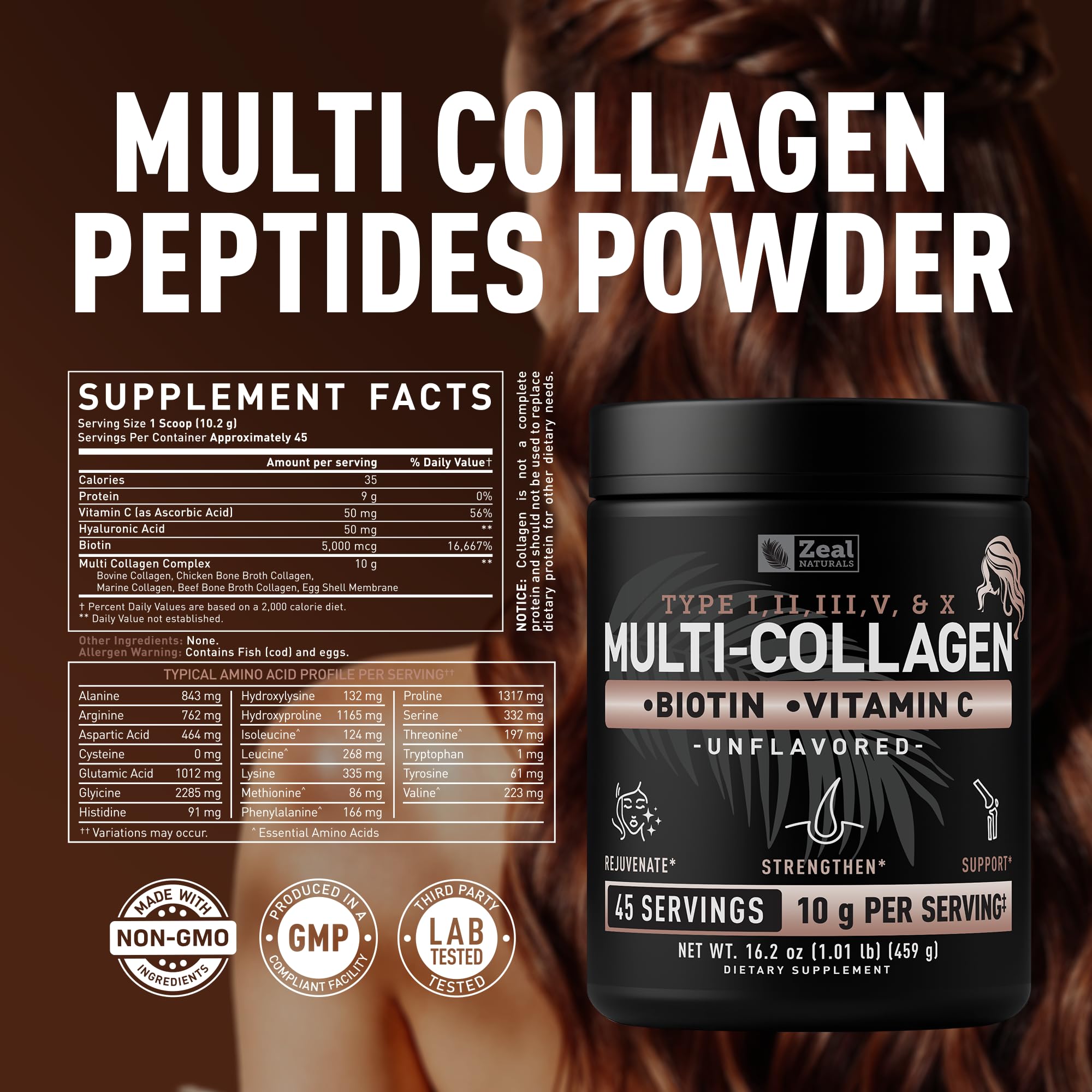Zeal Naturals Multi Collagen bottle pour illustrating quick mixing into beverages for daily use.