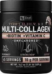 Zeal Naturals Multi Collagen unflavored tub showing convenient daily supplement for hair, skin and nails support.