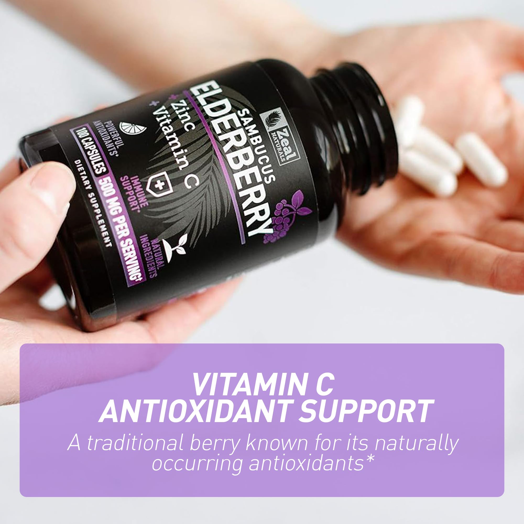 Zeal Naturals vitamin C and zinc icons illustrate immune-support ingredients.