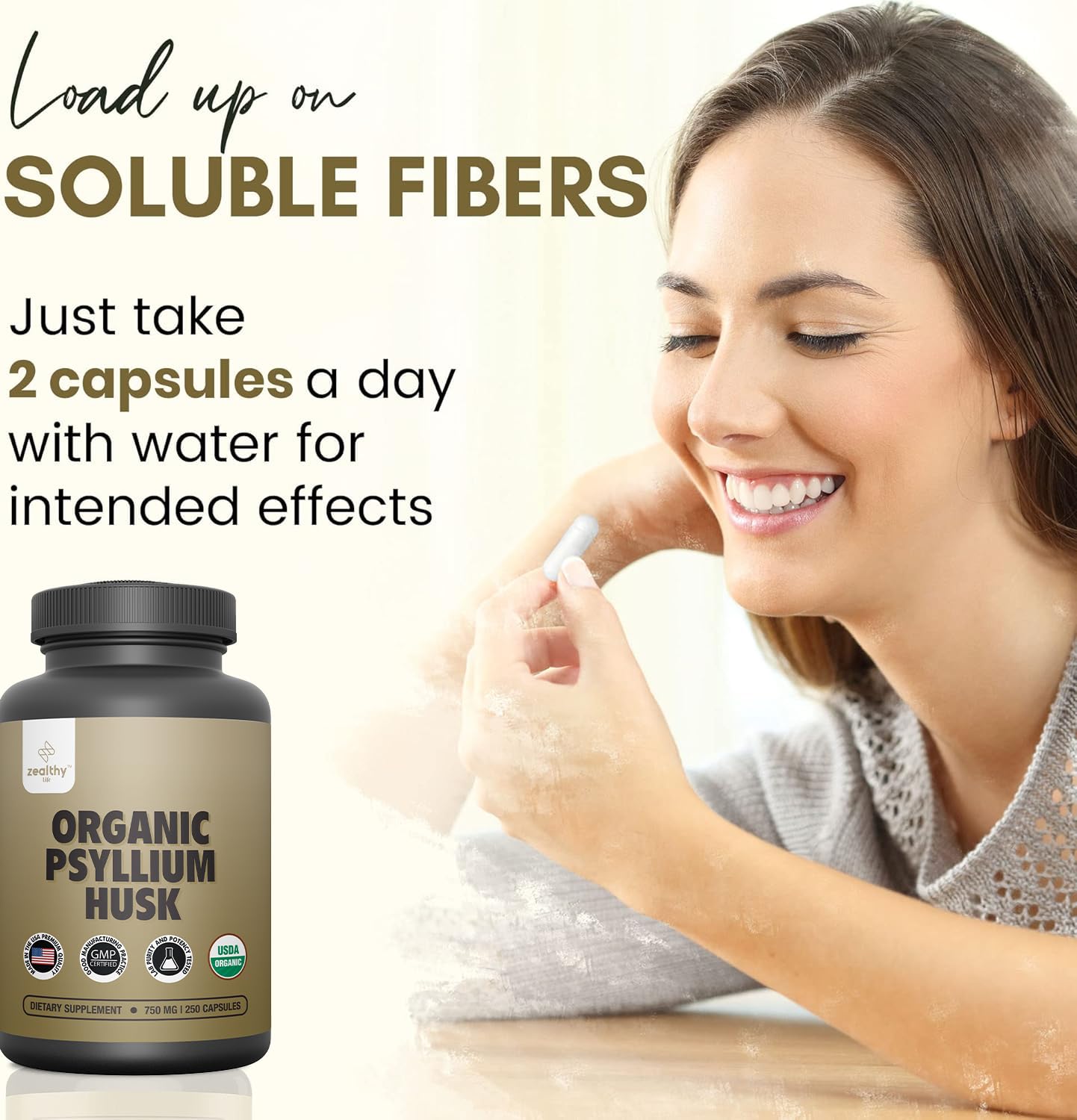 Z Zealthy Life psyllium capsules with water on a kitchen counter