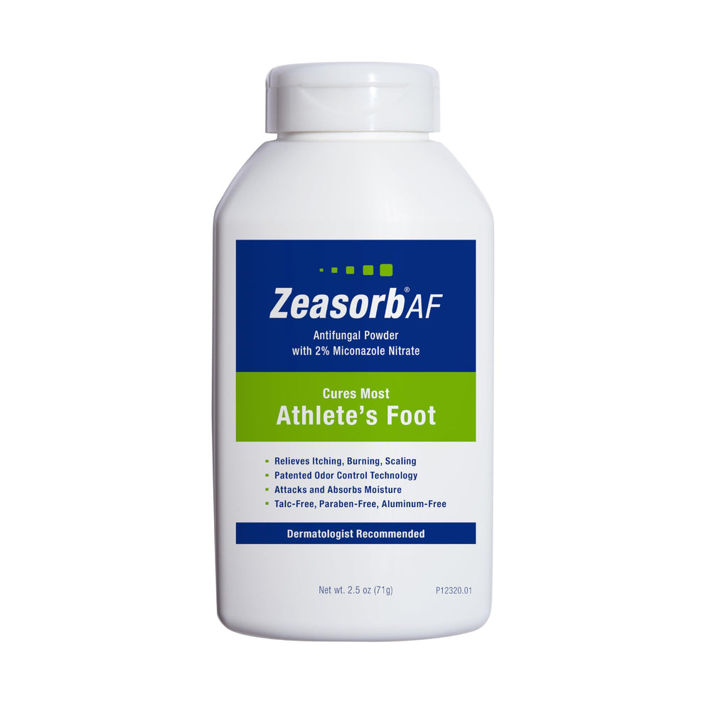 Zeasorb bottle pour for quick shake-on use to keep feet drier.