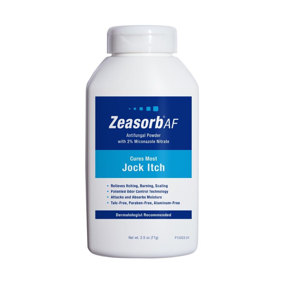 Zeasorb bottle pour showing easy shake-on application for dry, comfortable skin and moisture control.