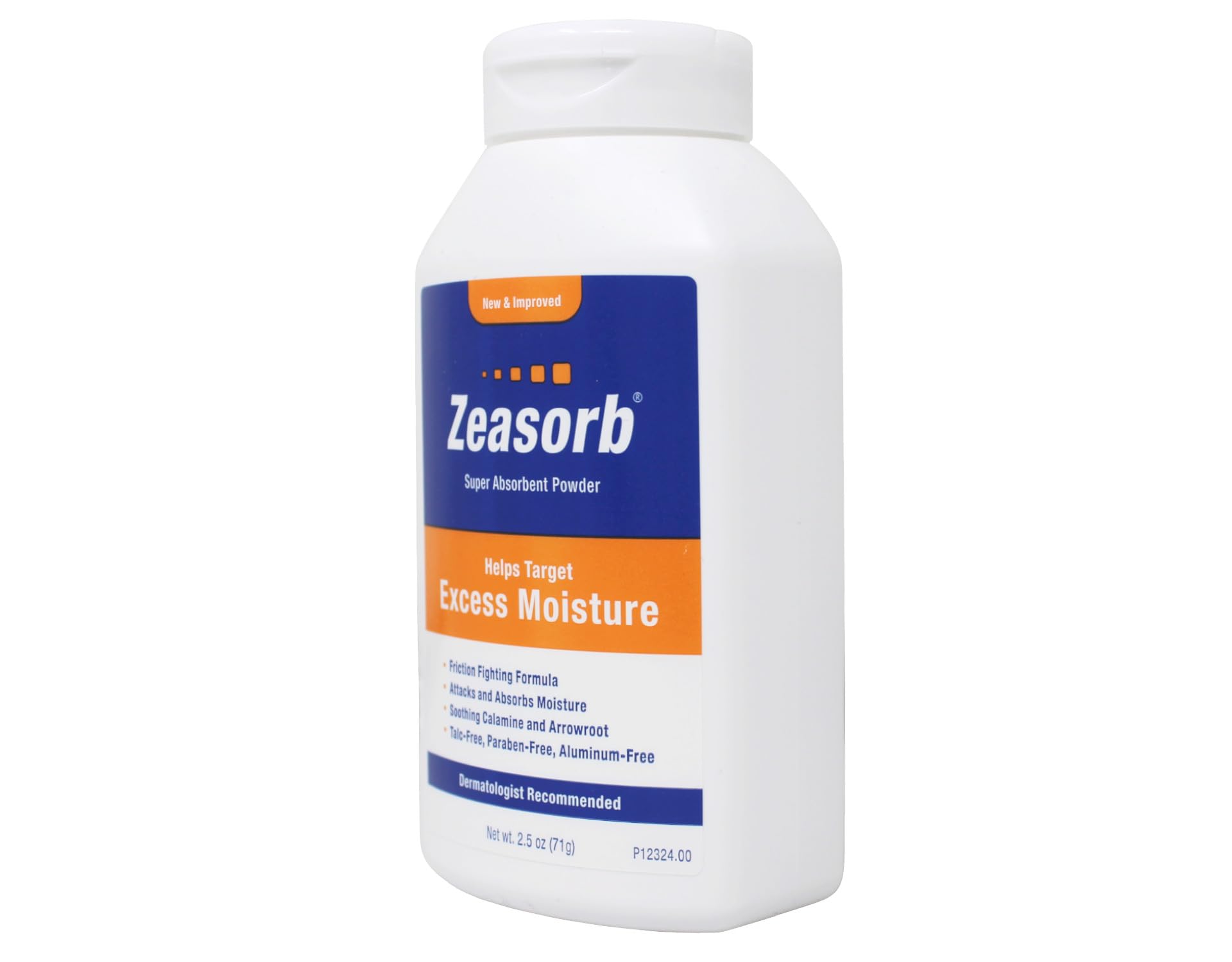 Zeasorb Excess Moisture no starch formula close-up for clean, dry feel.