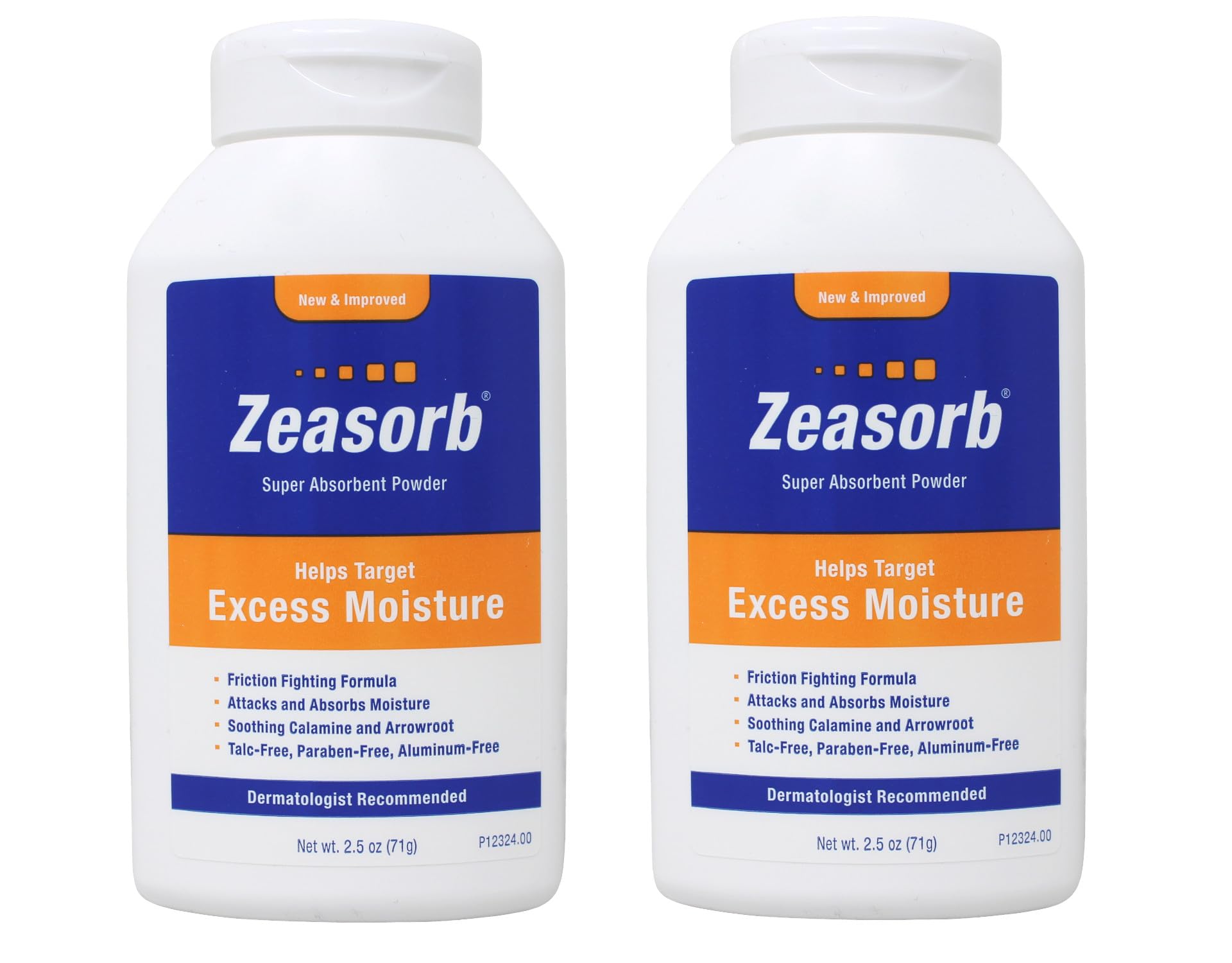 Zeasorb Excess Moisture pack shot shows two 2.5 oz bottles for moisture control.