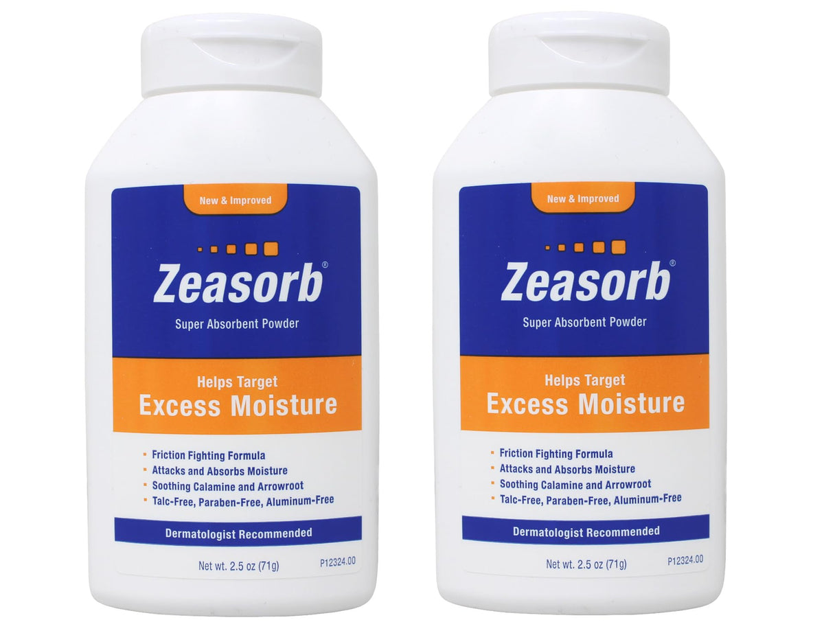 Zeasorb Excess Moisture pack shot shows two 2.5 oz bottles for moisture control.