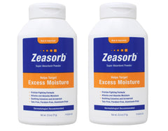 Zeasorb Excess Moisture pack shot shows two 2.5 oz bottles for moisture control.