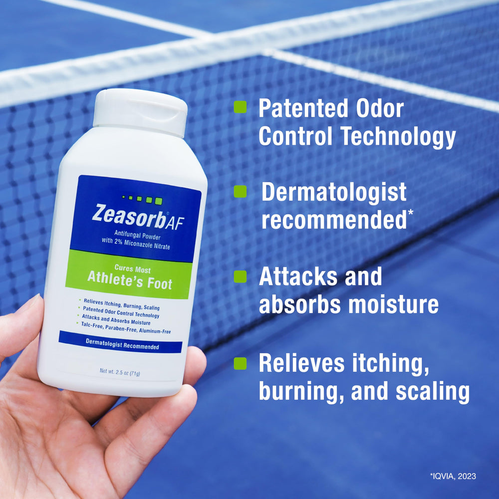 Zeasorb powder dispense highlights ultra-absorbent moisture control for dryer feet.