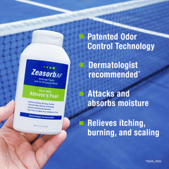 Zeasorb powder dispense highlights ultra-absorbent moisture control for dryer feet.