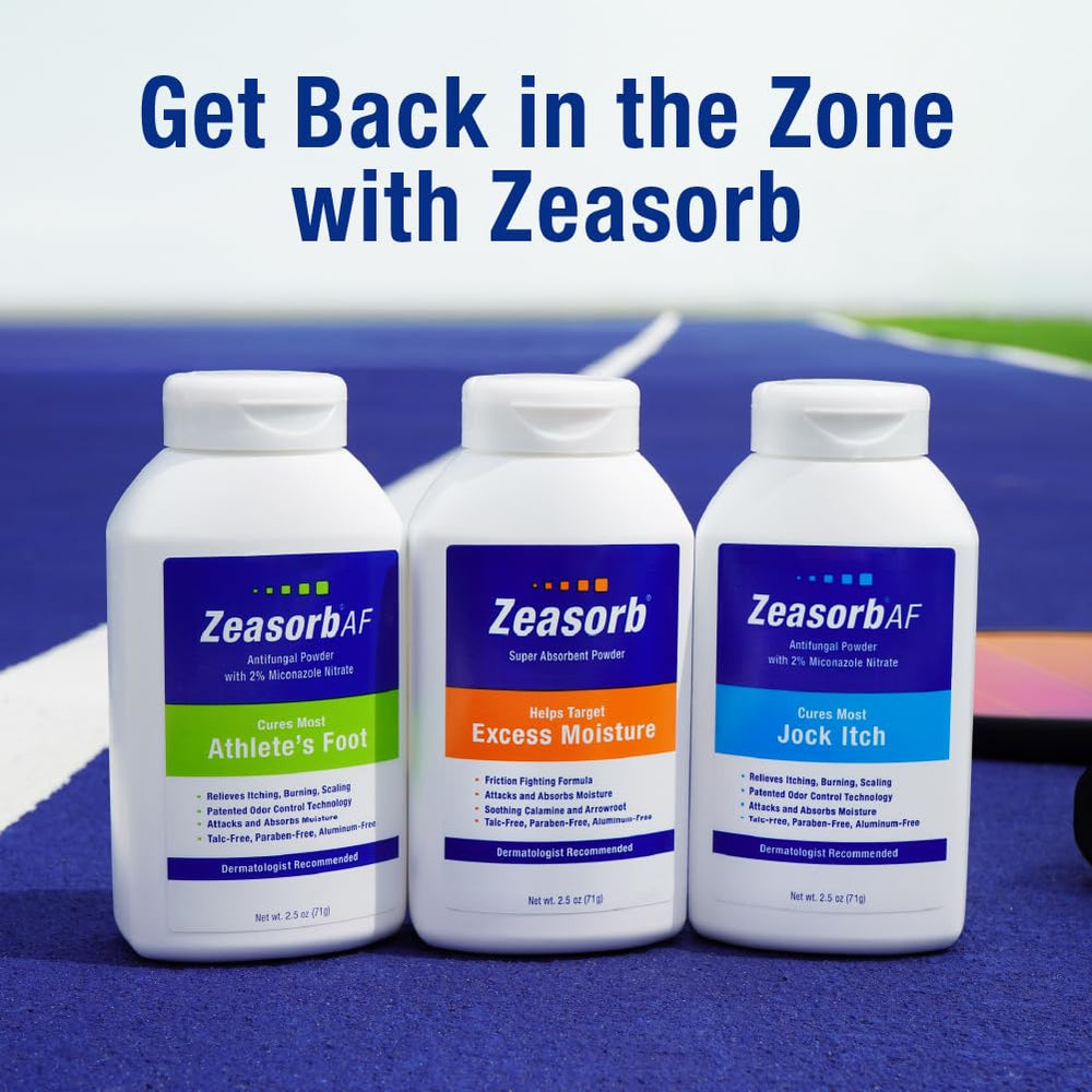 Zeasorb shake-on application step with container view for quick, mess-free use.