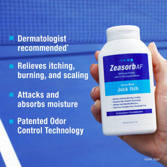 Close-up of Zeasorb talc-free formula emphasizing gentle skin contact.