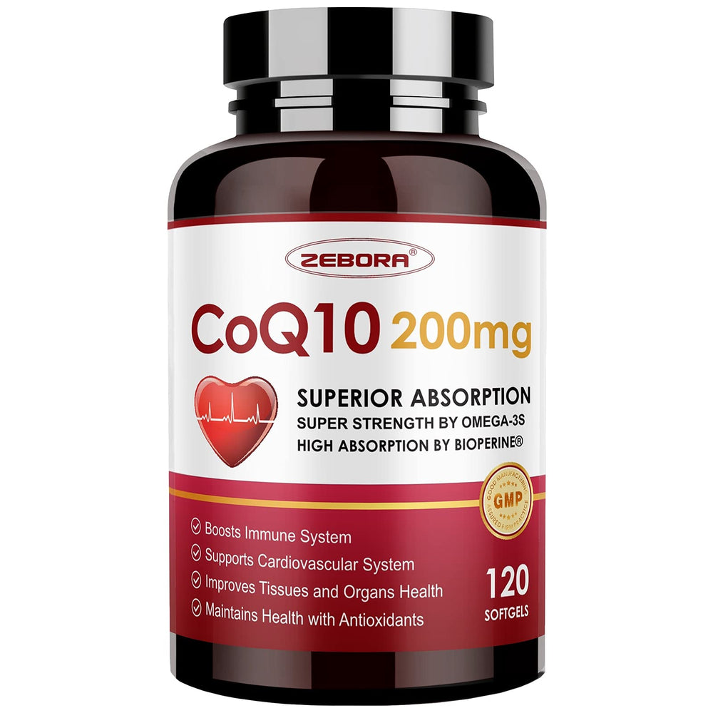 ZEBORA CoQ10 softgels bottle showing 120 servings for daily energy support.