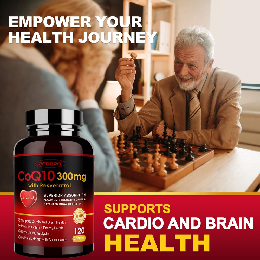 Label on ZEBORA CoQ10-300mg featuring resveratrol and vitamin E for antioxidant support