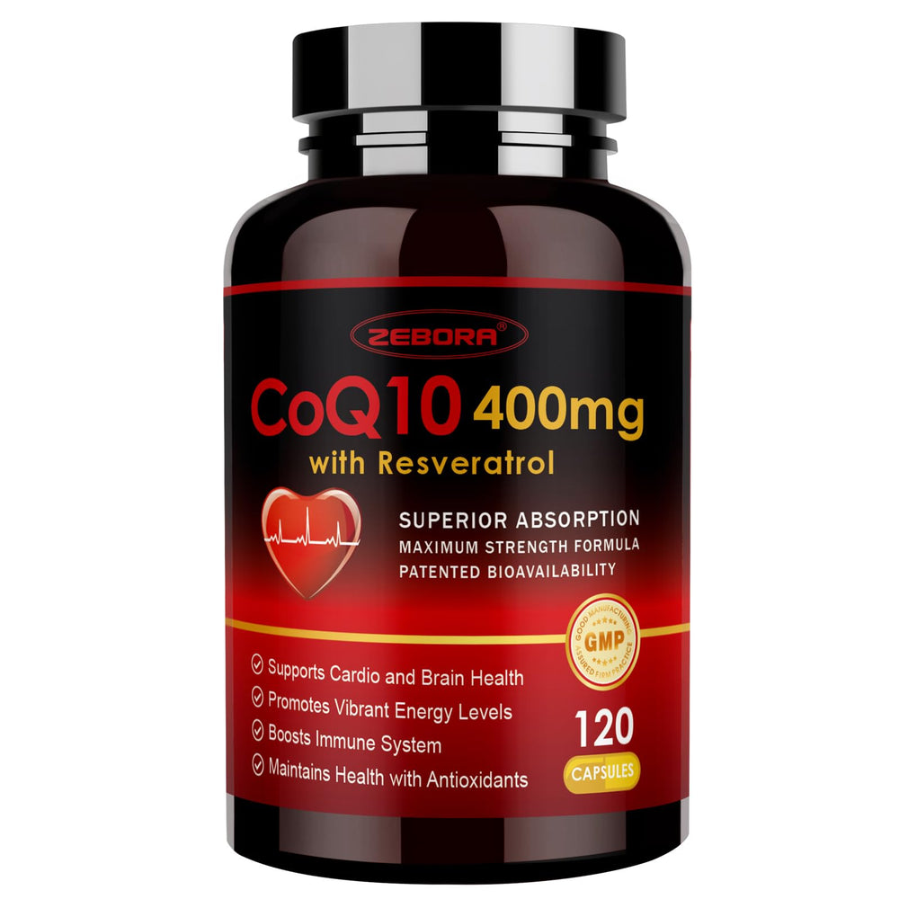 ZEBORA CoQ10 400mg bottle front view highlighting energy and antioxidant formula