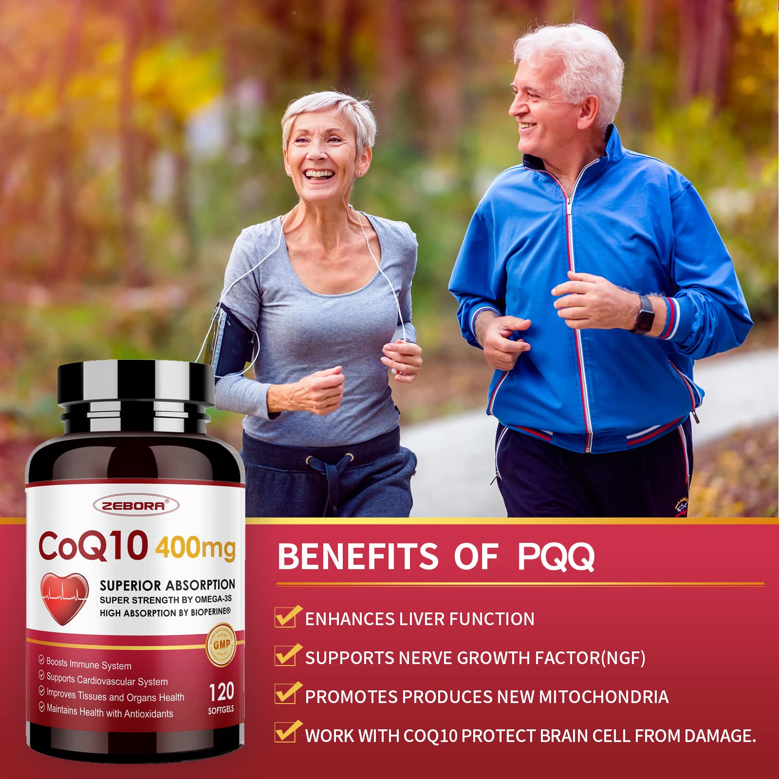 ZEBORA CoQ10 omega-3 softgels highlighting omega-3 benefits for heart and sleep quality.