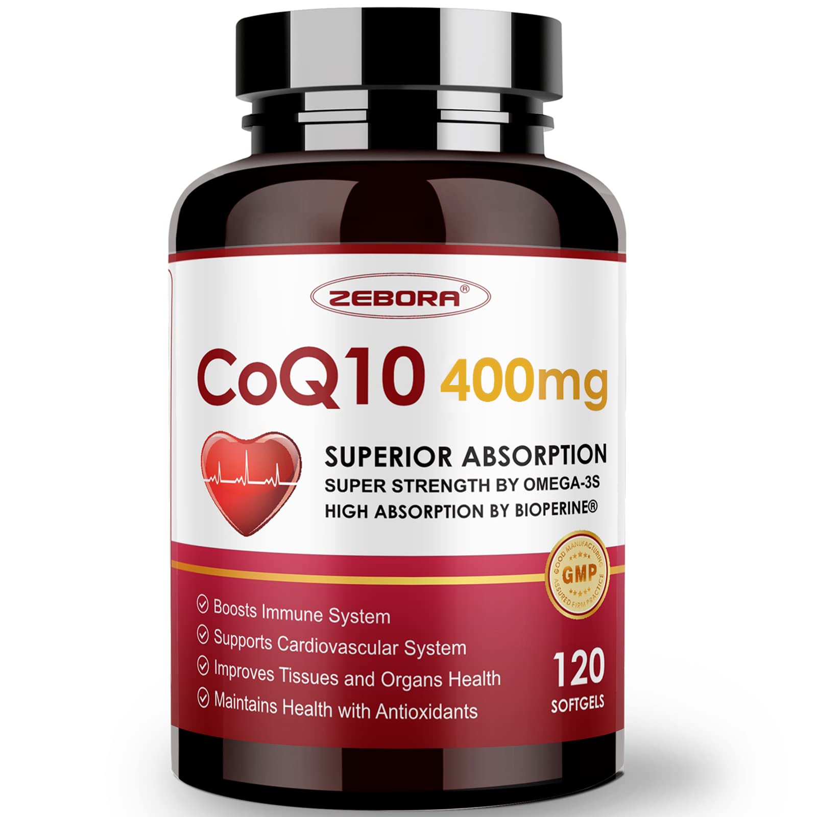 ZEBORA CoQ10 softgel bottle on a shelf suggesting convenient daily heart and energy support.