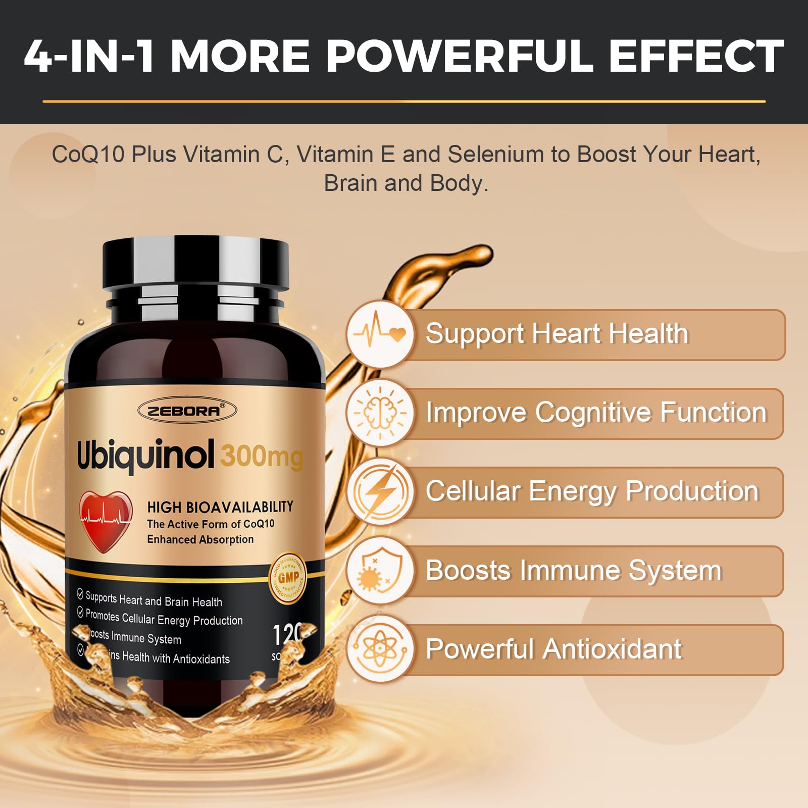 ZEBORA ubiquinol softgels with vitamin E and selenium label emphasizes antioxidant blend