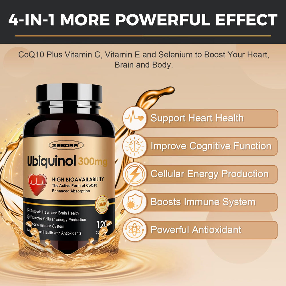ZEBORA ubiquinol softgels with vitamin E and selenium label emphasizes antioxidant blend