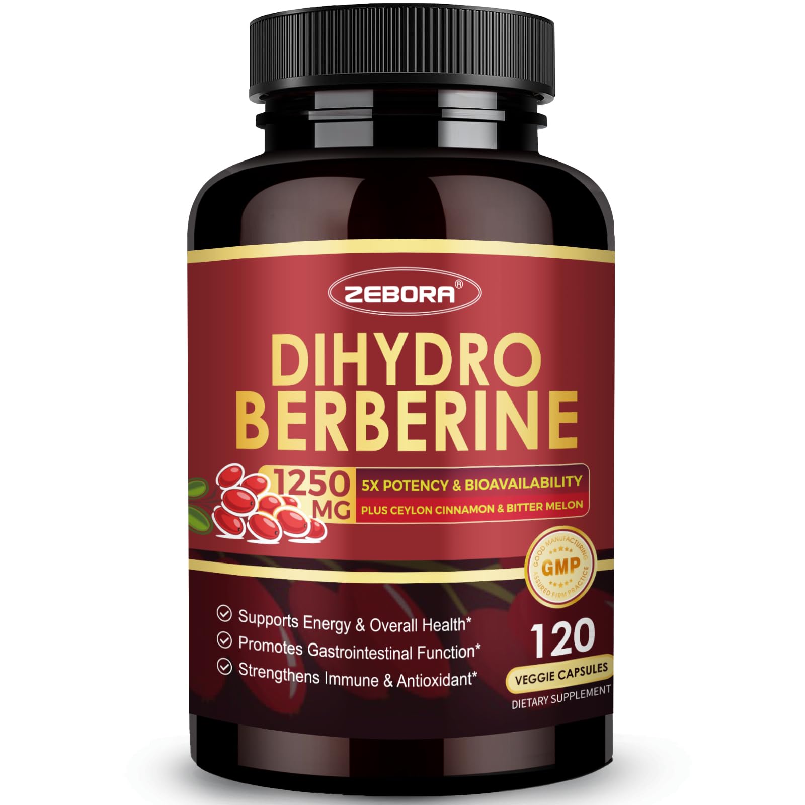 ZEBORA Dihydroberberine bottle on white surface, highlighting high bioavailability.