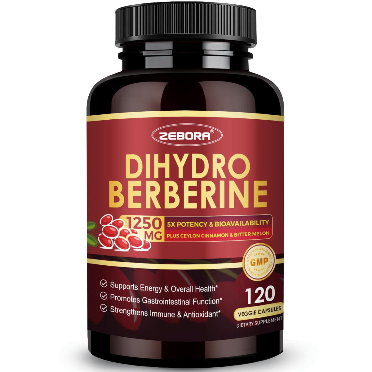 ZEBORA Dihydroberberine bottle on white surface, highlighting high bioavailability.