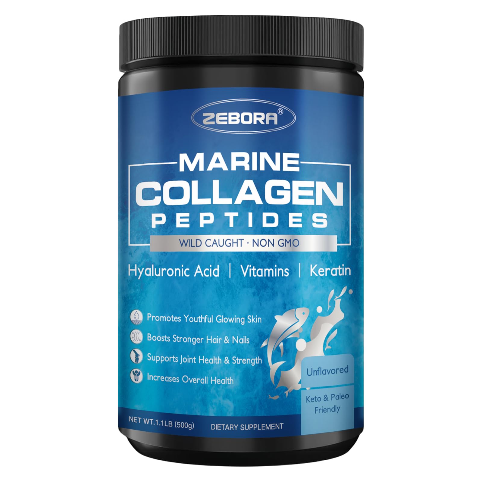 ZEBORA Marine Collagen powder jar front for daily beauty routine and easy dosing.