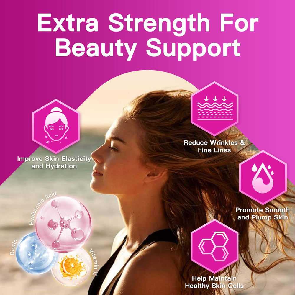 Ingredients panel highlights collagen types I to X with biotin and vitamin C