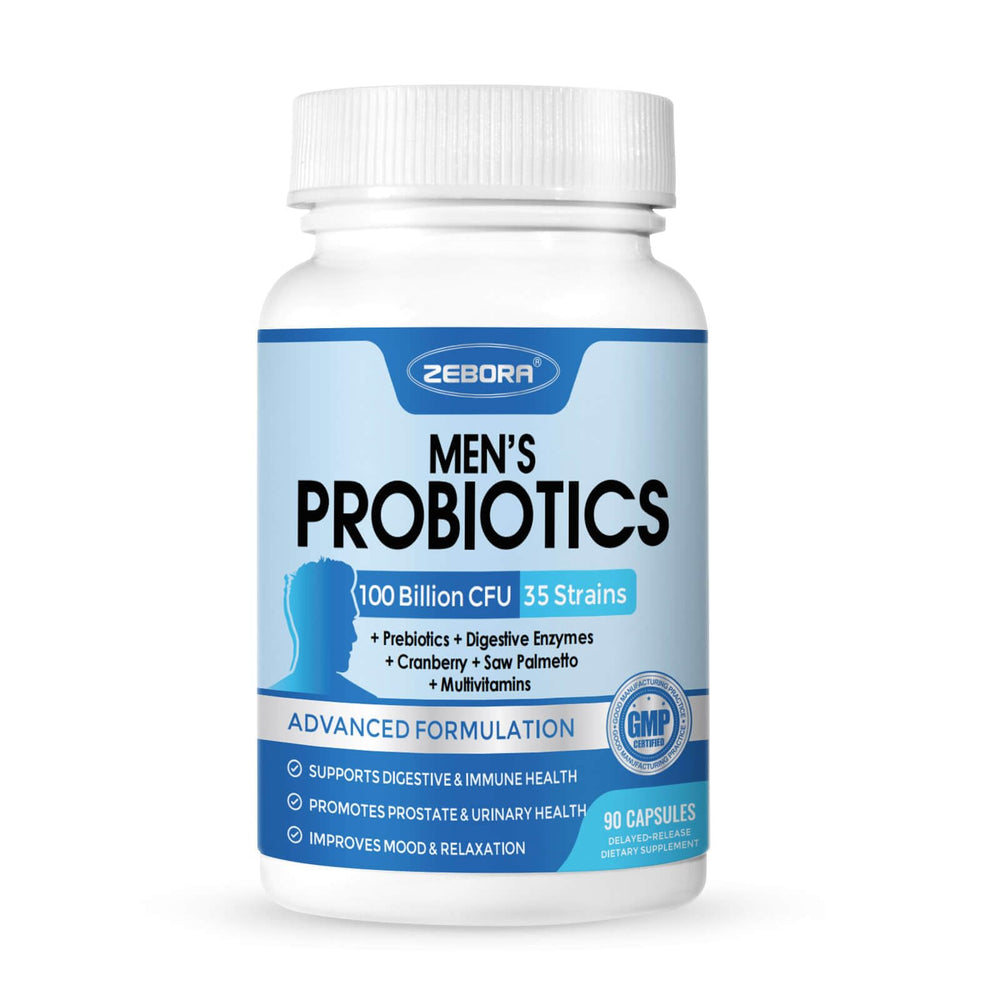 ZEBORA Probiotics for Men bottle with 100B CFU supports daily digestive balance.