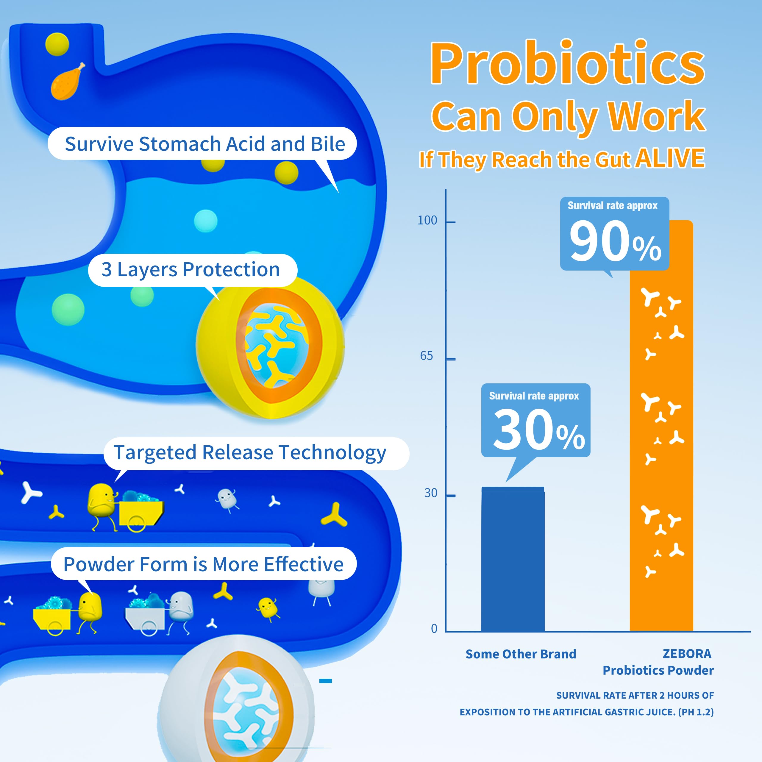 ZEBORA Probiotics packaging highlighting glutenfree and nongmo features