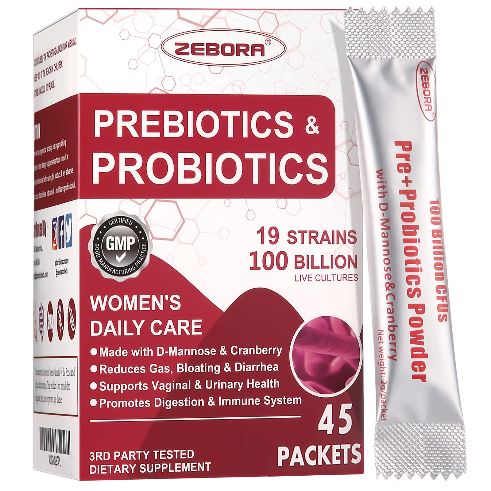 ZEBORA Probiotics for Women bottle front highlighting daily digestive and feminine health support