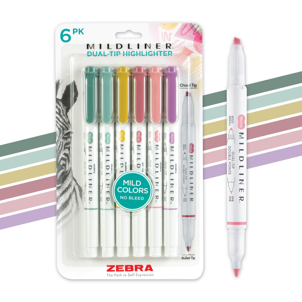 Zebra Pen Mildliner 6-pack on desk shows soft color highlighting for study and journaling