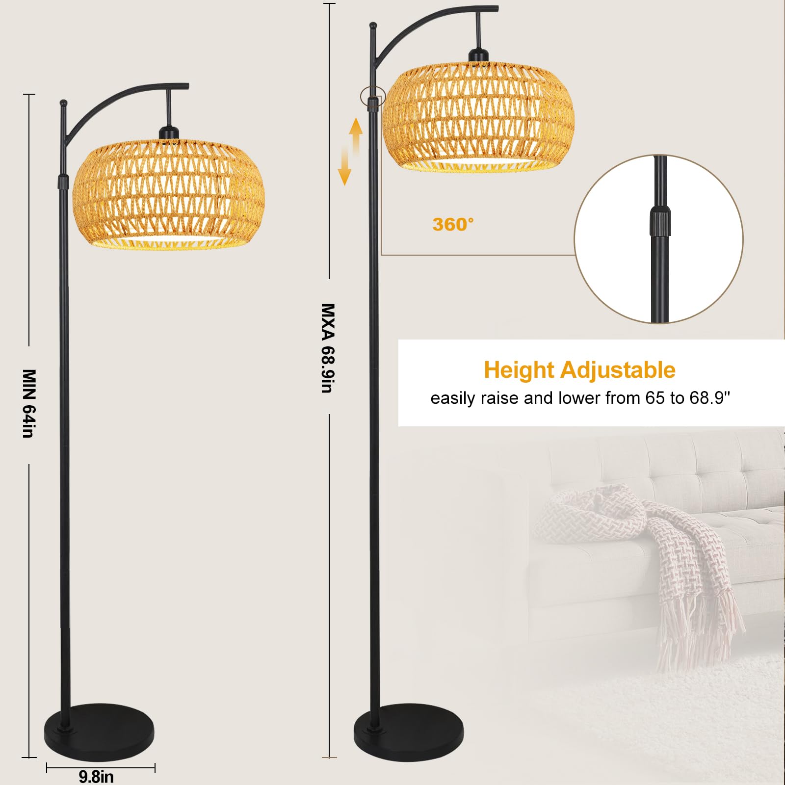 ZECOXOL Arc Floor Lamp 360-degree arm enables precise light direction