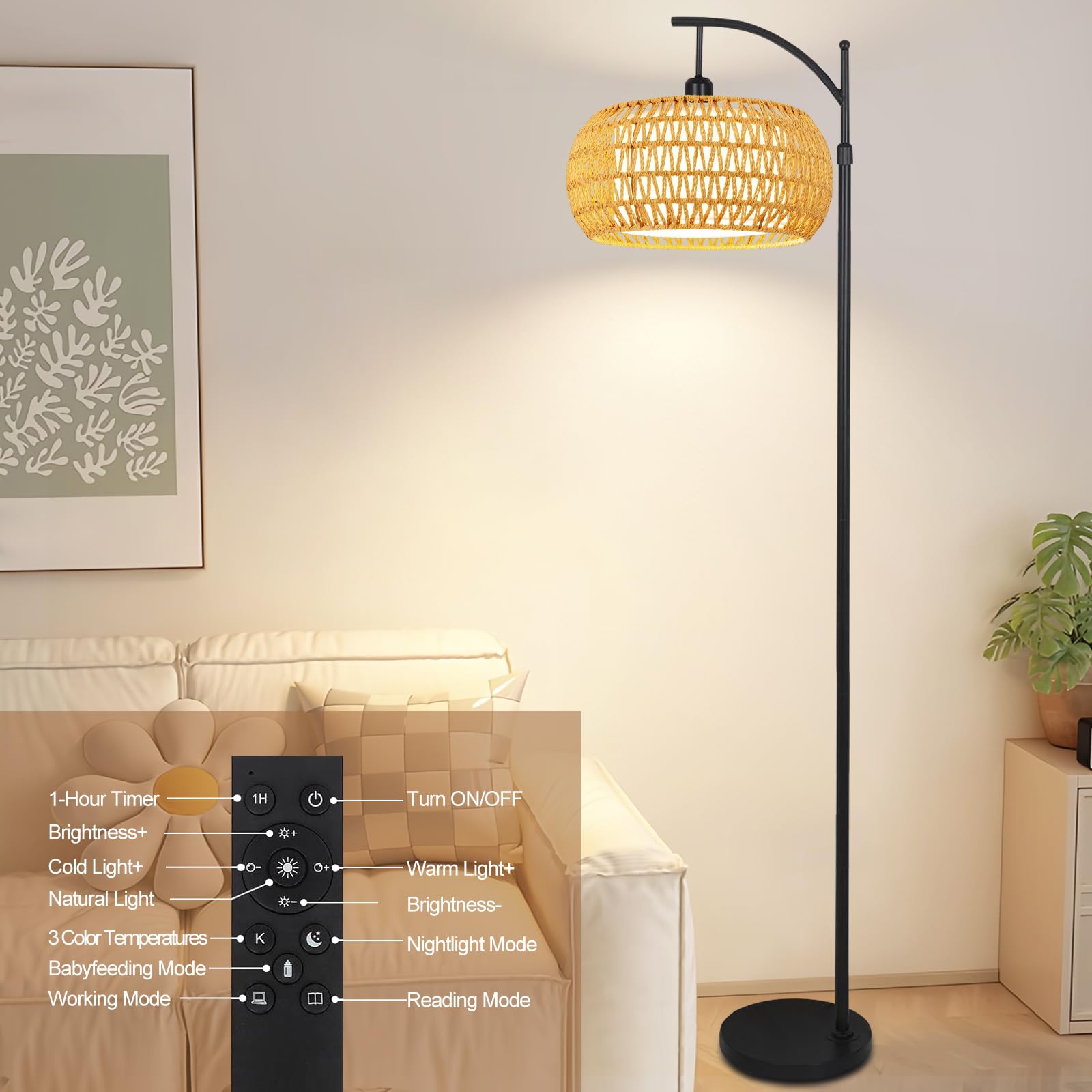 ZECOXOL Arc Floor Lamp ideal for bedroom corners with soft ambient light