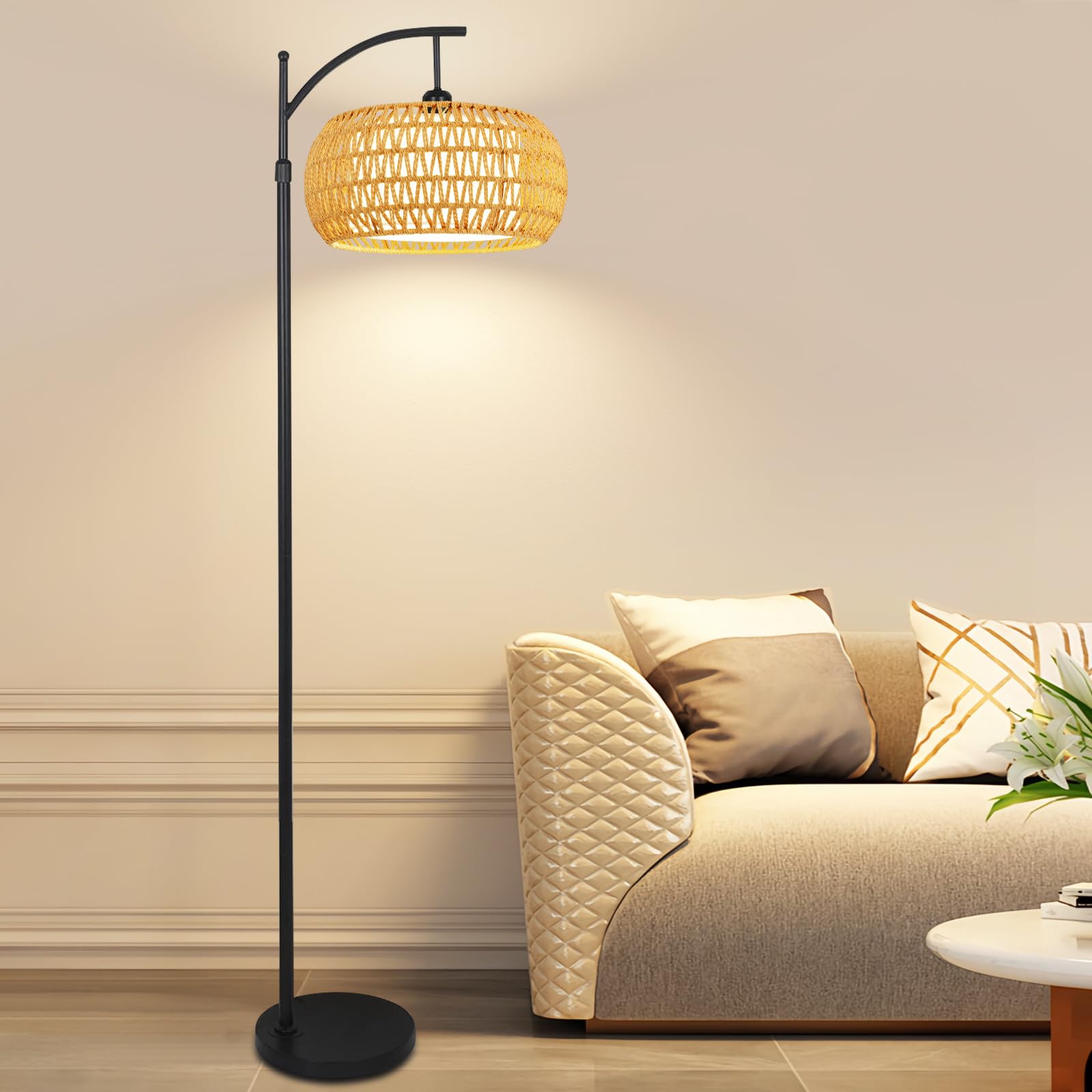 ZECOXOL Arc Floor Lamp enhances living room ambience with stylish boho flair