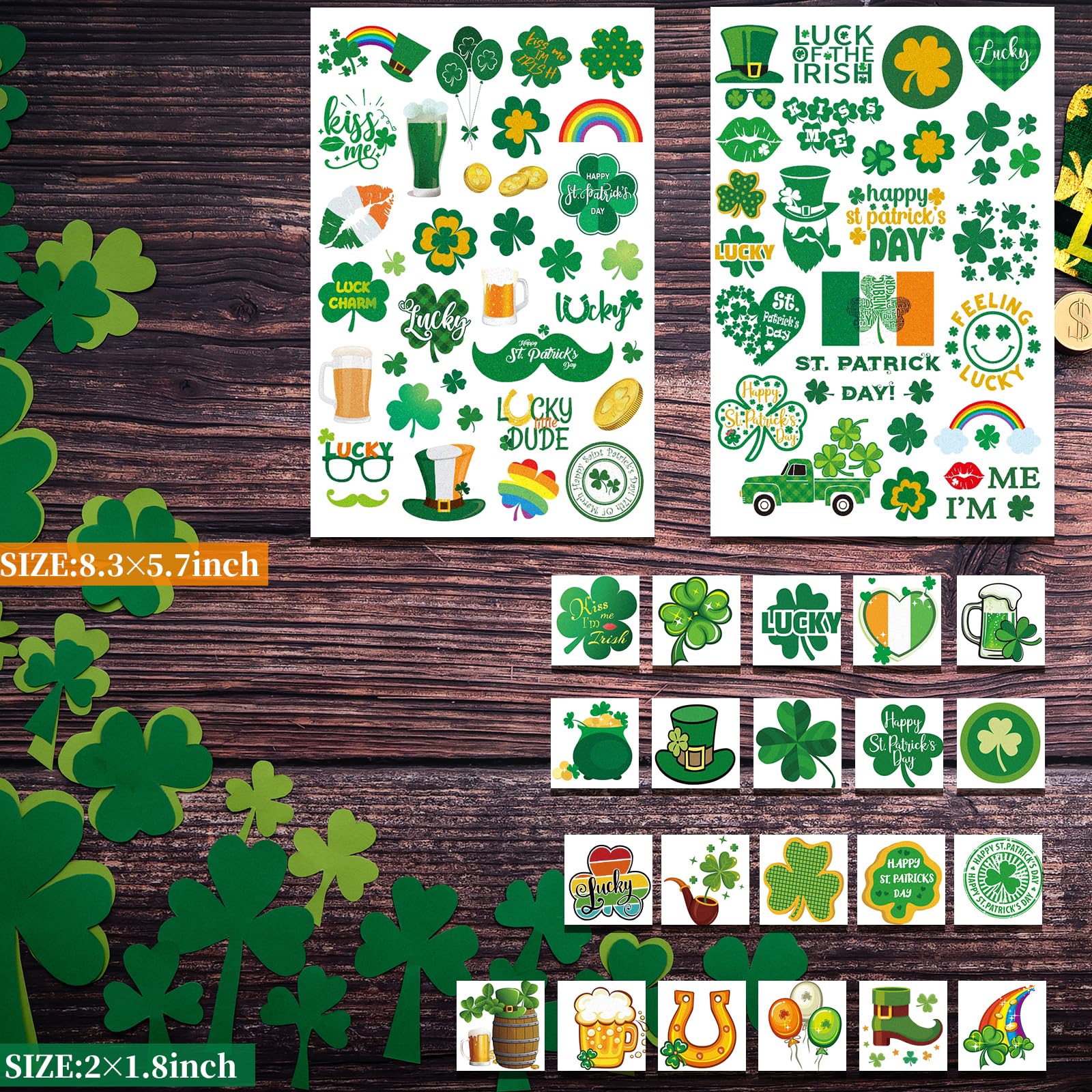 Zeecdatoo realistic glitter clover tattoos for face, arms, or shoulders.