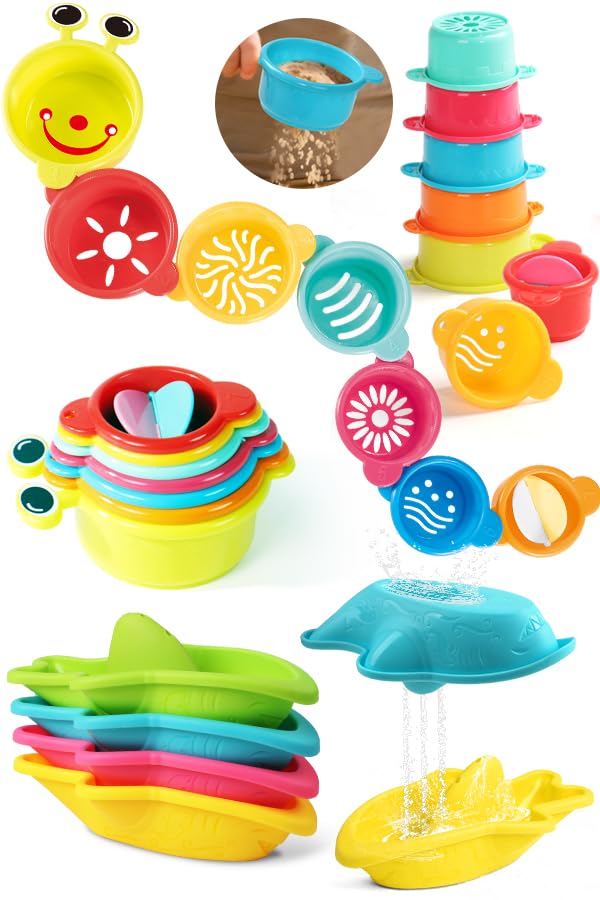 Zeewoo 11-piece bath toy set with bright stacking cups for sorting and stacking play.