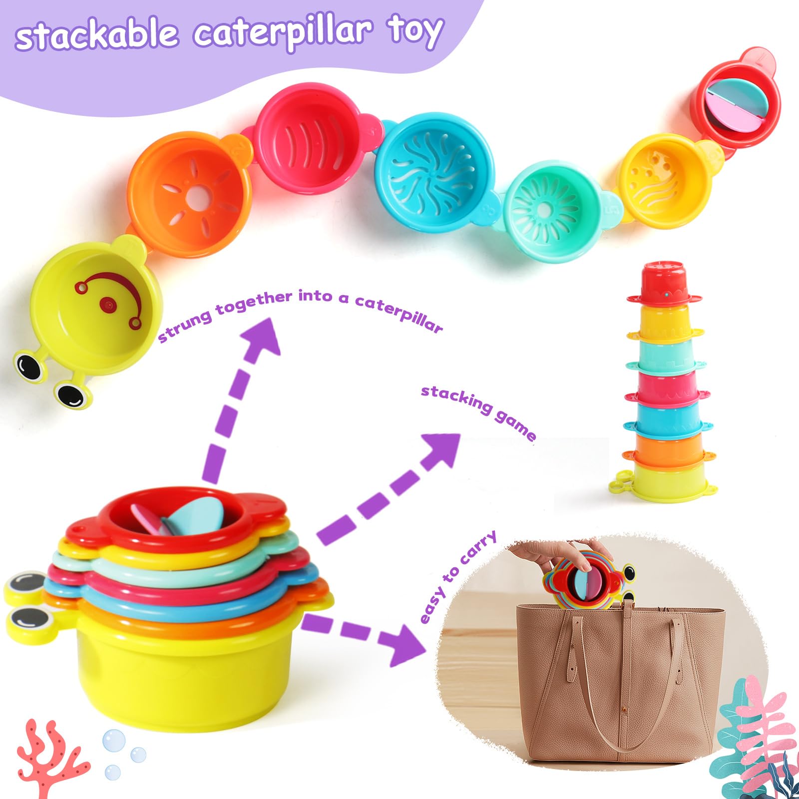 Zeewoo stackable cups connect into a caterpillar for creative water play.